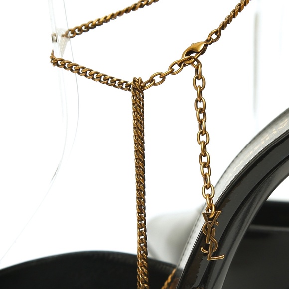 SAINT LAURENT Black Patent Leather Pump CLAW CHAIN YSL Logo Heel Gold Ankle 38.5 - Picture 6 of 10